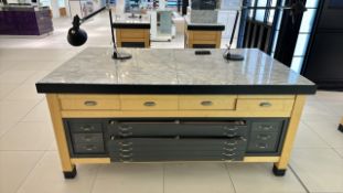 Wooden Table Display with Marble Top & Storage Drawers