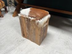 Rustic Teak Stool With Cow Hide Seat