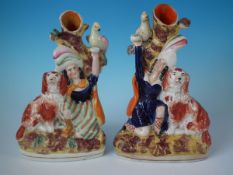 Pair Staffordshire boy & girl with spaniel & bird