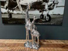 New Boxed Large Silver Mother And Baby Giraffe Statue