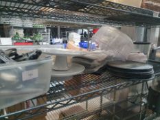 contents of shelf - large quantity of utentils, cake display plates, ice bucket, etc