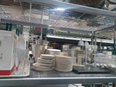 contents of shelf - includes kettles, saucers, utentils, etc