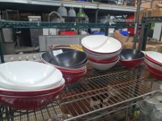 assorted red, white and black bowls