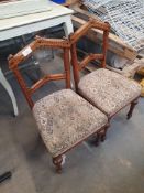 pair of original antique upholstered chairs - oak framed with inlaid detail