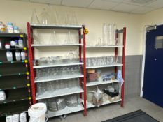 Metal Rack Shelves and Assorted Laboratory Glassware
