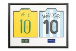 ***RESERVE MET***Pele and Maradona signed Brazil and Argentina shirts dual framed