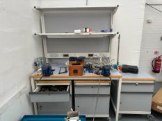 Wooden Workbench with Shelves and power supply x 3