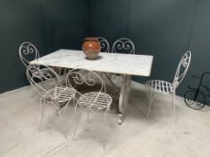 Egyptian Heavy Iron Ornate Table Base With White Marble Top And 6 Iron Heavy Forged Chairs