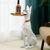New Boxed Large Resin Doberman Holding Tray - White With Black Collar & Gold Tray