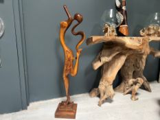 Large Heavy Polished Wood Abstract Lady Dancing On Plinth Statue (Approx 105Cm Tall X 25Cm Wide)