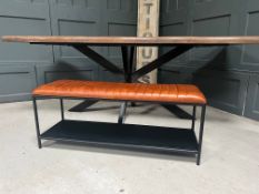 Boxed New Industrial Ribbed Leather Bench With Metal Shelving