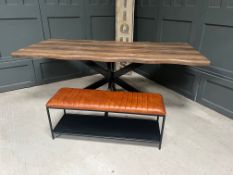 Boxed New Industrial Ribbed Leather Bench With Metal Shelving