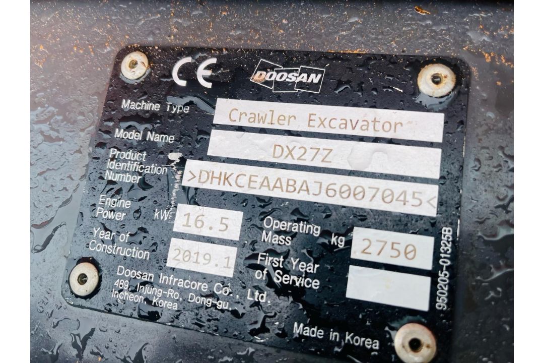 2019, DOOSAN DX27Z EXCAVATOR - Image 11 of 17