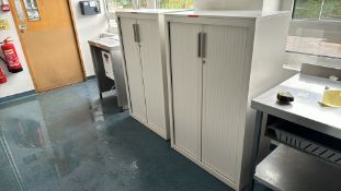 NO RESERVE, 2 x STEELCASE - Roller Shutting Kitchen / Office Cupboards With 3 Shelves Each