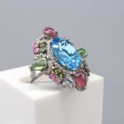 Cocktail Ring Set With Blue Topaz, Tourmalines & Diamonds