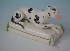 Pair Rare Staffordshire Recumbent Whippets On Cushions