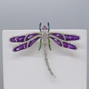 Large Silver Dragonfly Brooch & Pendant With Diamonds, Gemstones & Enamel