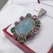 Carved Aquamarine, Tourmaline & Diamond Necklace