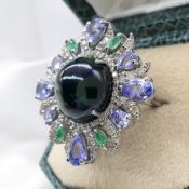 Stunning Black Opal, Tanzanite, Emerald & Diamond Dress Ring