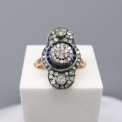 Stylish Rose Gold & Silver Sapphire Diamond Cluster Ring, With Certificate Diamonds