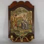 Pair Of English Petit Point Walnut Framed Needlework Panels With Candle Sconces