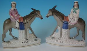 Pair Staffordshire Milkmaid & Donkey Figures Titled, 'MILK'