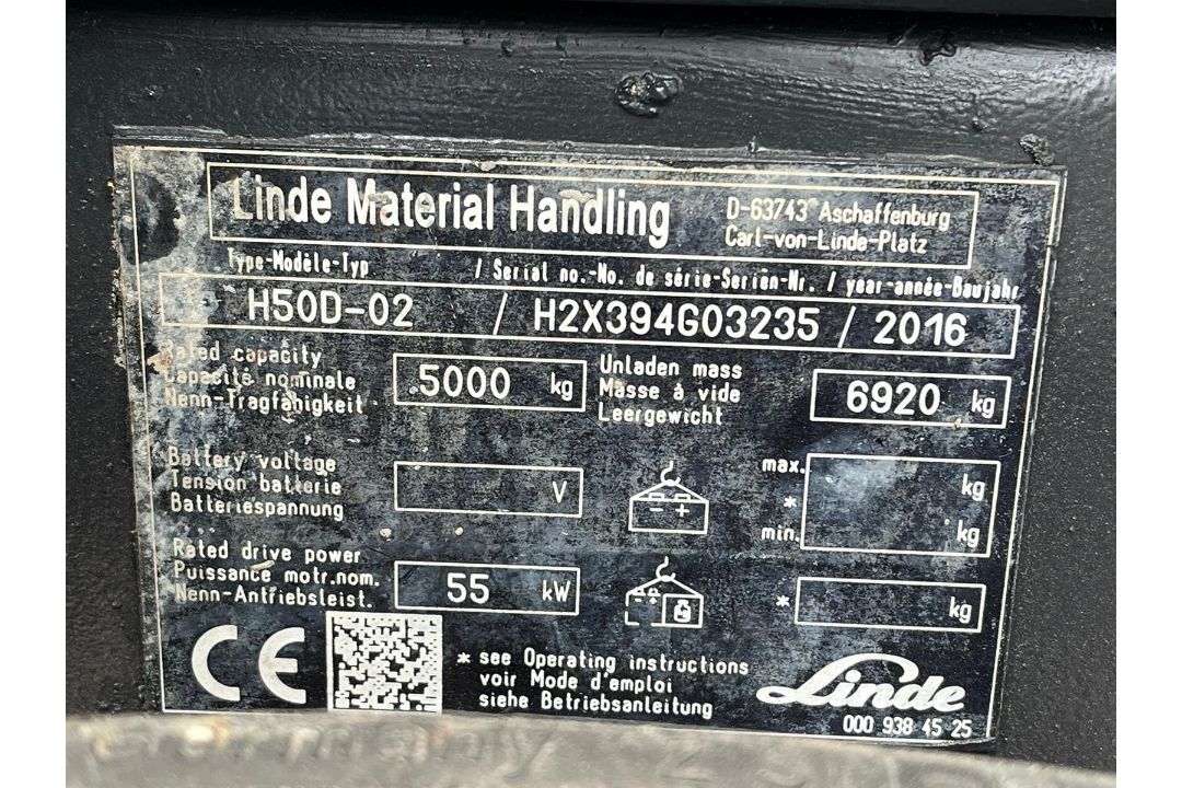 2016 - LINDE, H50D 5 Tonne Diesel Forklift (11,629 hours) - Image 8 of 8