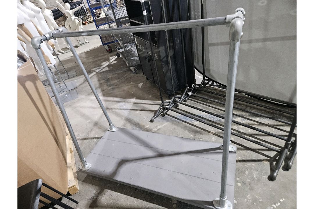NO RESERVE Industrial Hanging Rail With Wooden Base On Castors - Image 1 of 2