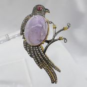 Hand Made Large Amethyst, Diamond & Ruby Bird Of Paradise Brooch/Pendant