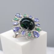 Stunning Black Opal, Tanzanite, Emerald & Diamond Dress Ring