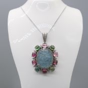 Large & Exciting Carved Aquamarine, Tourmaline & Diamond Necklace