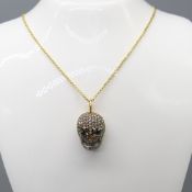Diamond-Set Skull Pendant With Black Diamond Eyes; With Extendable Chain & Gift Box