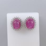 Cabochon Ruby Ear Studs In Sterling Silver