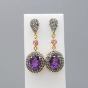 Stylish Pair Of Amethyst, Tourmaline & Diamond Articulated Drop Earrings
