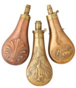 ‡ □ THREE COPPER ALLOY POWDER-FLASKS, 19TH CENTURY AND LATER