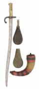 A FRENCH MODEL 1866 CHASSEPOT BAYONET, DATED 1872, A LEATHER SHOT-FLASK, A TRIBAL HORN FLASK AND A