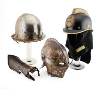 □ A MORION IN EARLY 17TH CENTURY STYLE, A CLOSE HELMET IN 16TH CENTURY STYLE, A DECORATED GAUNTLET I