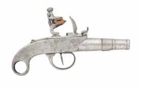 A 60 BORE CONTINENTAL FLINTLOCK POCKET PISTOL FORMED ENTIRELY OF STEEL, CIRCA 1800, PROBABLY