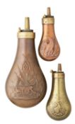 ‡ □ THREE POWDER FLASKS IN AMERICAN 19TH CENTURY STYLE MARKED COLT'S PATENT, 20TH CENTURY