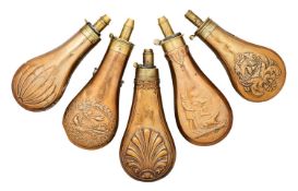 ‡ □ FIVE COPPER ALLOY POWDER-FLASKS, 19TH CENTURY AND LATER