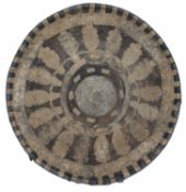 AN EAST AFRICAN WHITE-METAL MOUNTED HIDE SHIELD, LATE 19TH/20TH CENTURY
