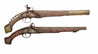 A 22 BORE OTTOMAN FLINTLOCK HOLSTER PISTOL (KUBUR), AND AN 18 BORE ADRIATIC FLINTLOCK HOLSTER