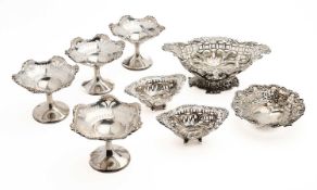 A GROUP OF EIGHT ASSORTED ENGLISH SILVER SWEETMEAT DISHES, BIRMINGHAM, 1893-1915