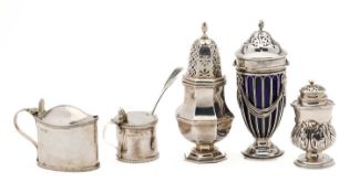 A GROUP OF SIX ENGLISH SILVER CONDIMENT PIECES