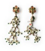 A PAIR OF ENAMELLED AND GEM SET PENDENT EARRINGS, PROBABLY JAIPUR, 20TH CENTURY
