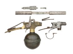 A GLOBE RESERVOIR FOR AN AIRGUN, AND OTHER ELEMENTS FROM AIR WEAPONS, EARLY 19TH CENTURY