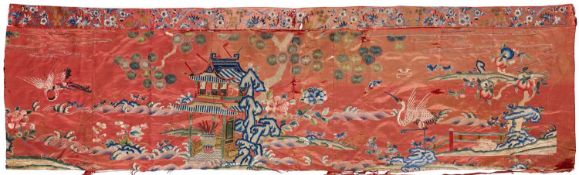 A CHINESE EMBROIDERED SILK 'IMMORTALS PARADISE' PANEL, QING DYNASTY, 19TH CENTURY