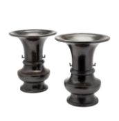 □ A PAIR OF JAPANESE BRONZE FLOWER VASES, MEIJI PERIOD (1868-1912)