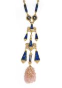 LAPIS LAZULI, DIAMOND AND ROSE QUARTZ PENDENT NECKLACE, 1970s