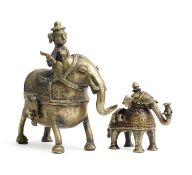 TWO BRONZE PAN BOXES IN THE FORM OF ELEPHANTS, RAJASTHAN, CIRCA 1900 / A BRONZE FIGURE OF DURGA SLAY